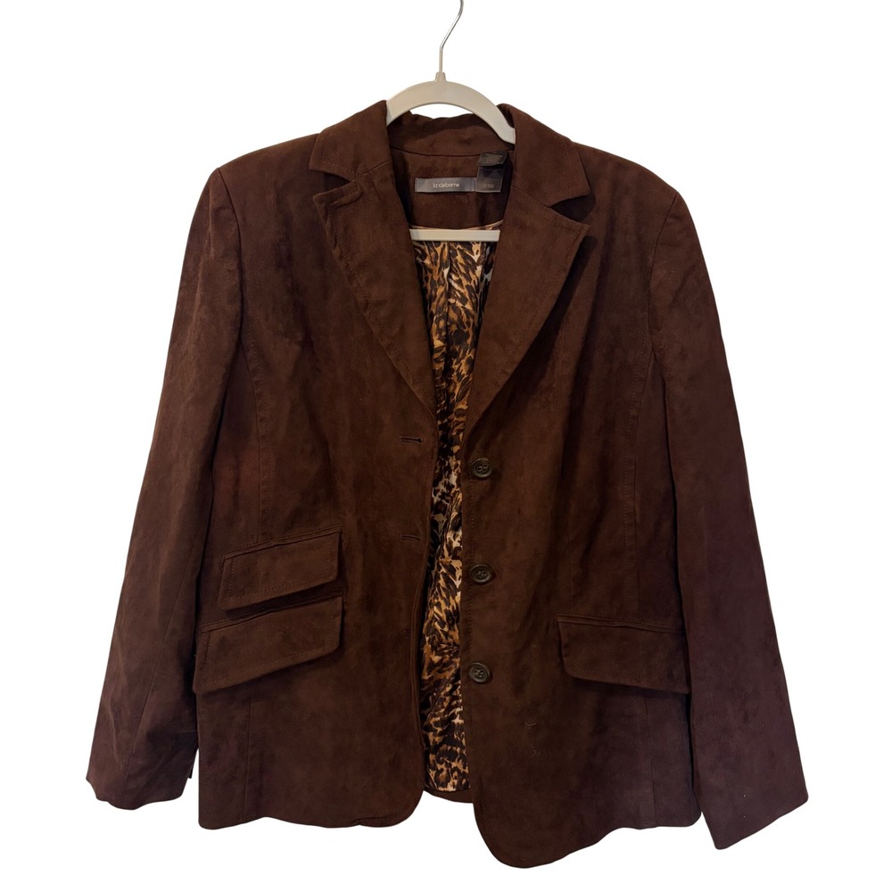 Liz Claiborne Brown Faux Suede Blazer Leopard Print Lining Size 12 Jacket